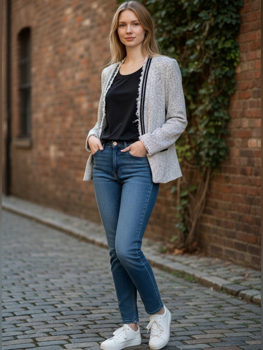 Zara Basic White and Black Textured Collarless Blazer